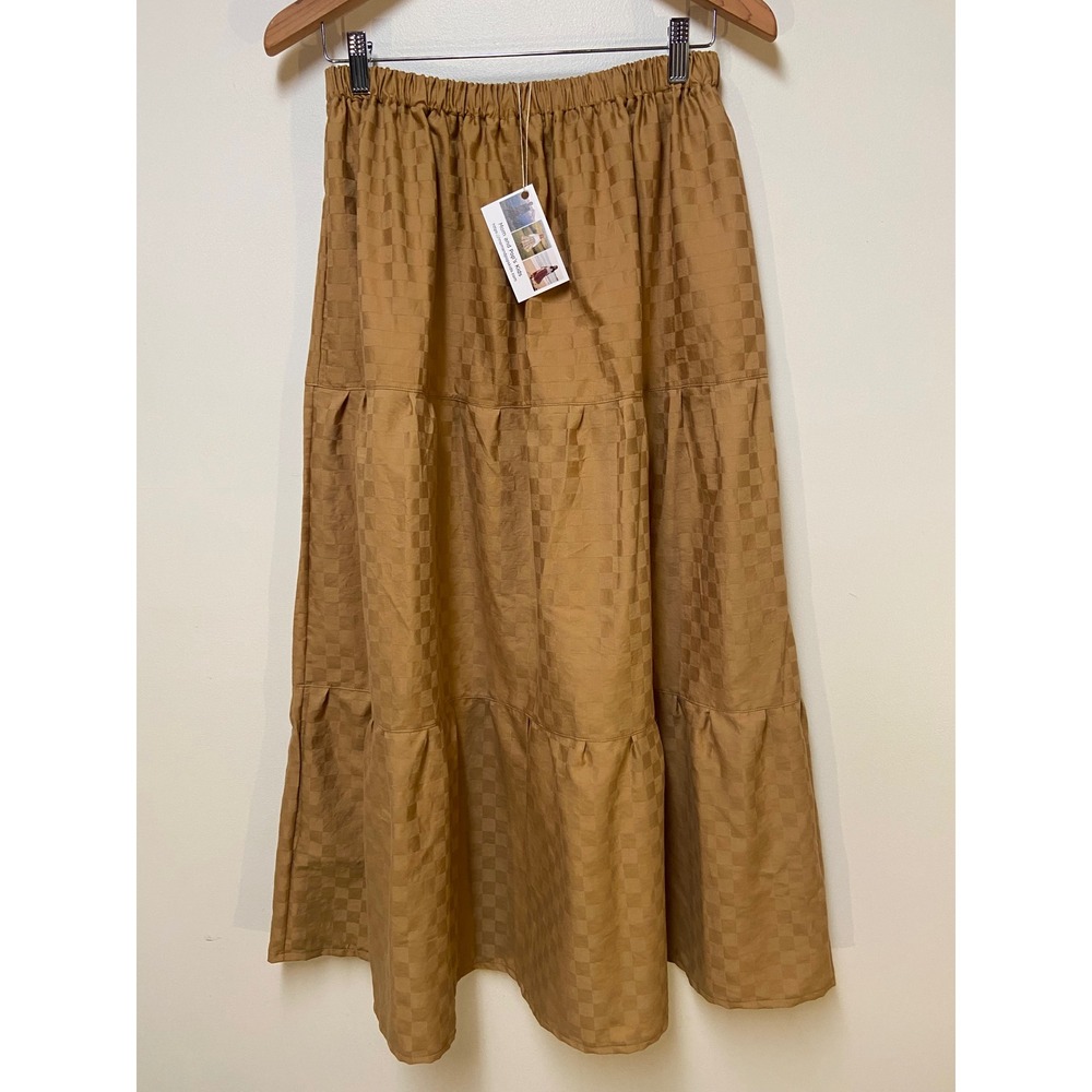 Womens Maxi Mom and Pop's Kids Tiered Skirt Medium Camel Brown Checkered Cotton